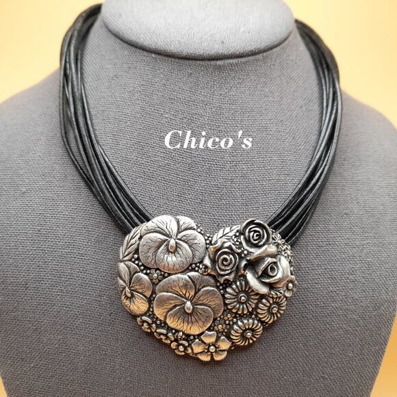 Chico's Floral Heart Silver Tone Pendant Necklace, 9 Strands Black Leather, 20" - Picture 1 of 12